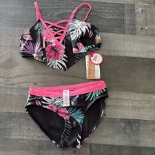 Justice Bikini Girls Swimsuit 2 Piece Lace Up BLK Floral Bikini M 10 New