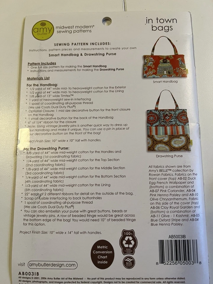 In Town Bags Sewing Pattern by Amy Butler - UNCUT! - Image 2 of 2