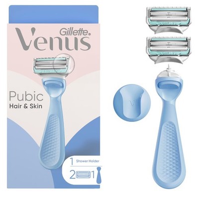 Venus Razor Kit for Pubic Hair & Skin, 1 Handle+ 2 Refills + Shower Hook, Purple