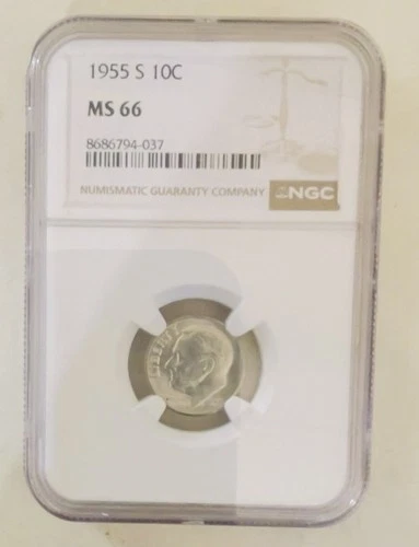 1955S Roosevelt 10c - NGC MS66 - 90% Silver