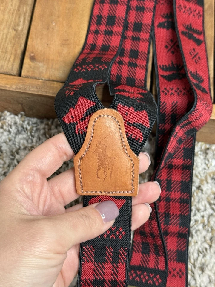 Polo Ralph Lauren клетчатые красные черные лосиные подтяжки скобы кожа зимние - Изображение 2 из 4