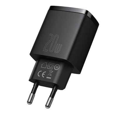 Baseus compact fast charger, USB, USB-C, 20W - Black