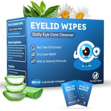 30PCS Eyelid  Lash Wipes for Itchy  Dry Eyes, Tea Tree Oil Eyelid Wipes