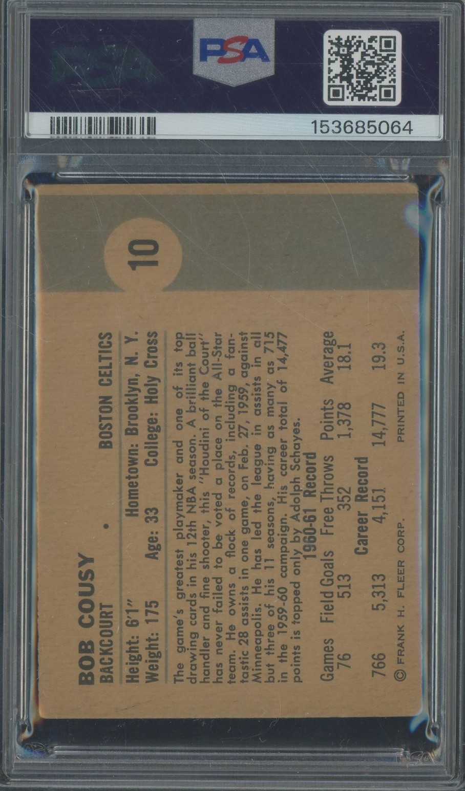 Bob Cousy HOF Signed 1961-62 Fleer Basketball #10 Celtics PSA/DNA AUTO view 2