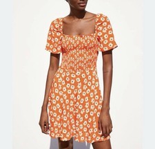 Zara Orange Floral Smocked Bodice Flared Square Neck Short Mini Dress Size XS