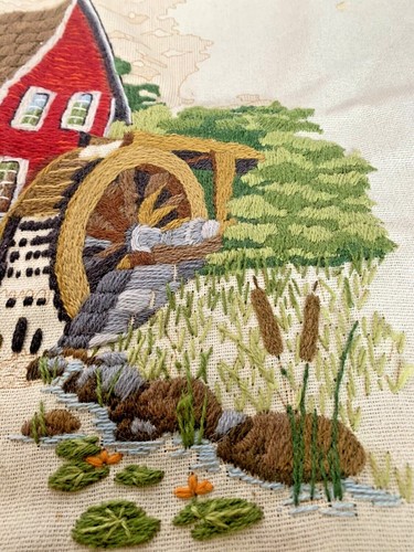 Red Mill Vintage Sunset Crewel Partially Completed B Jennings 16x20 Water Wheel - Picture 3 of 6