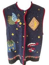 Quacker Factory Sweater Vest Women's Large Sleeveless Angels Moon House Stars