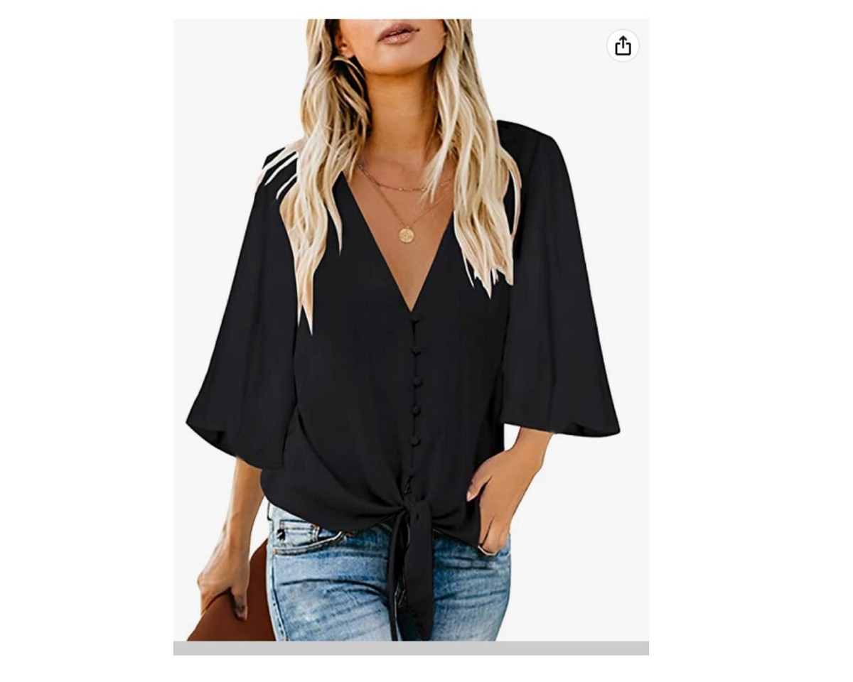 NEW $34 M LUVAMIA V Neck Tops Ruffle Sleeve Tie Knot Blouses 