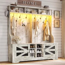 Hall Tree with Bench and Shoe Storage, 5-in-1 Entryway Bench with 12 Coat Hooks