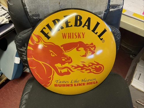 Retro Fireball Whisky Metal Wall Sign – Flat Yellow Red Hot Bar Decor-image