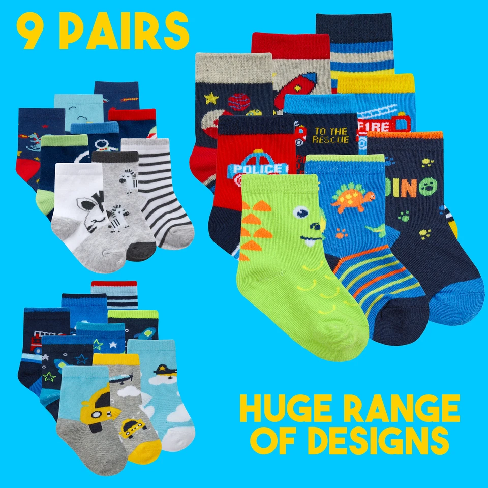 Baby Boys Cotton Socks 9 Pairs Multipack Farm Truck Cow 0 3 6 9 12 18 24 Months