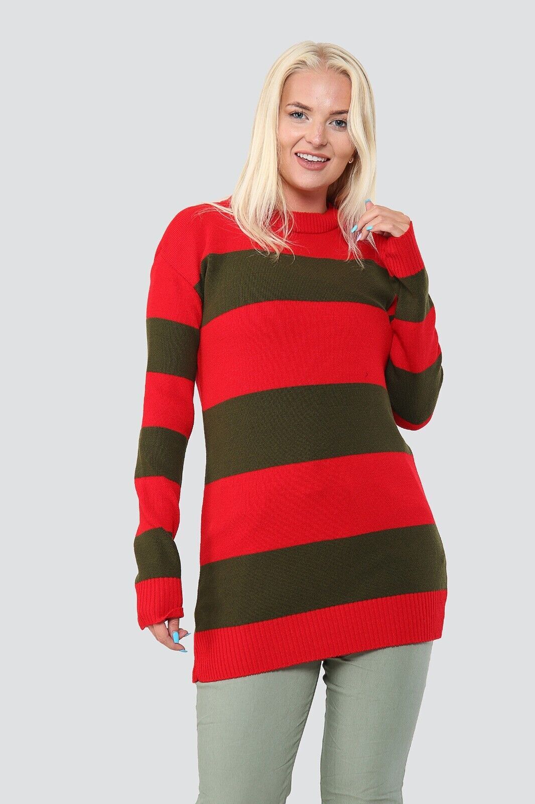 Womens Halloween Red And Green Freddy Krueger Fancy Dress Stripe