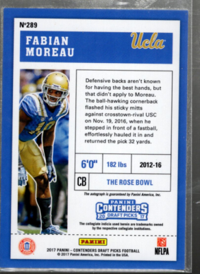 B4630- 2017 Panini Contenders Draft Picks #289 Fabian Moreau RC