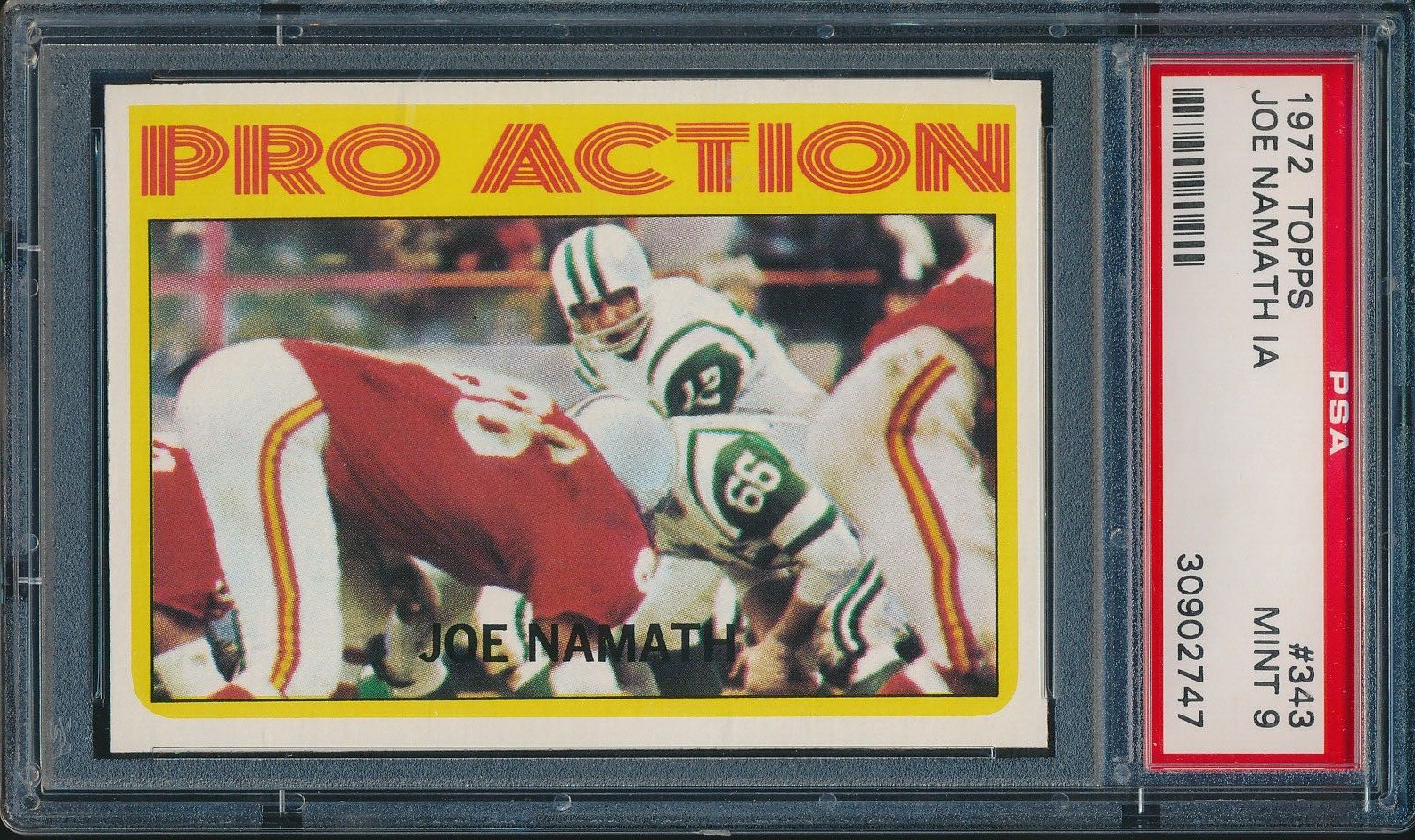 1972 TOPPS FOOTBALL #343 JOE NAMATH PRO ACTION PSA 9 MINT HOF HIGH NUMBER