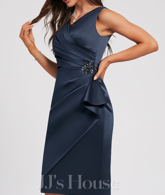 satin v-neck knee-length dress Sheath/Column V-Neck Satin Mother of the Bride Dresses 3/4 Sleeves Knee-Length Pleated, Navy Blue