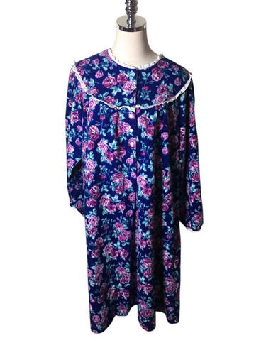 Lanz Of Salsbury Nightgown Women's Size Large Blue Floral 100% Cotton Modest