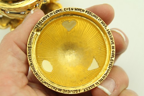 I Believe... in Sun Love God... Gold Tone & Enamel Ornate Egg on Stand Birds - Picture 5 of 5