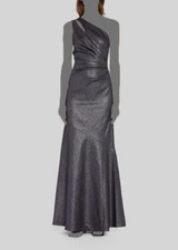 $895 Rickie Freeman Teri Jon Women's Gray Metallic One Shoulder Gown Dress Sz 12