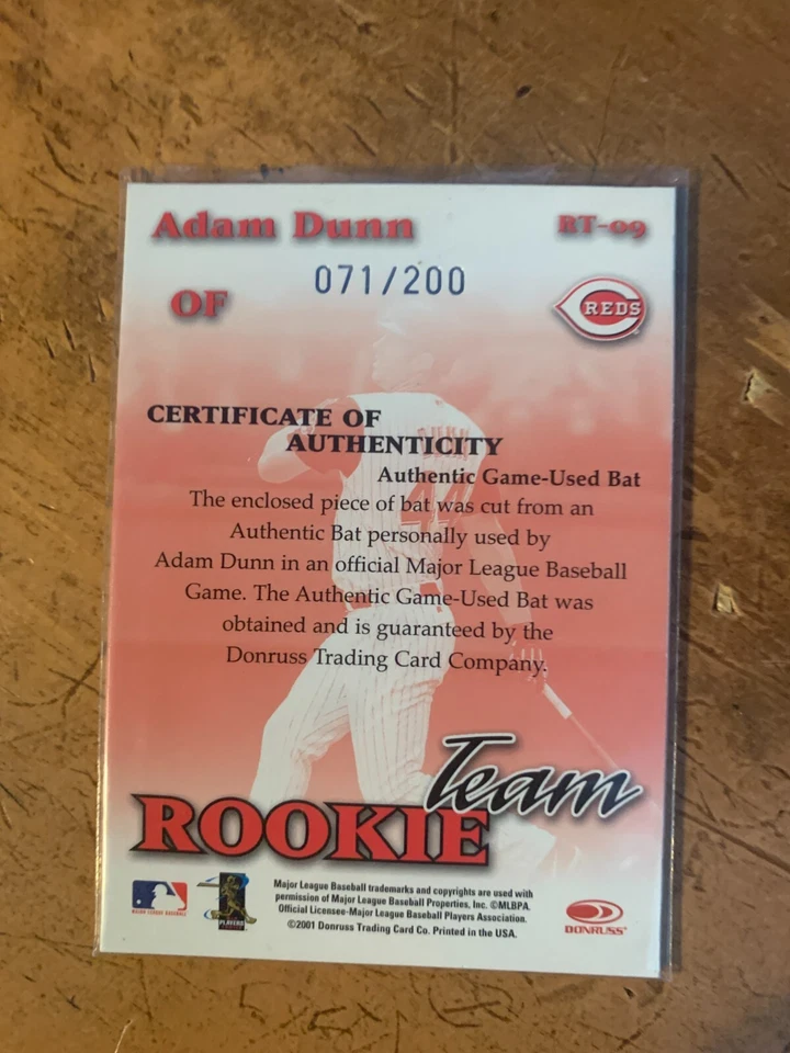 Donruss Class of 2001 Rookie Team Materials 2001 #RT9 Adam Dunn Bat/200 Foto 2 de 2