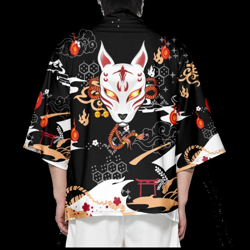 Herren Japanische Kimono Mantel Aufdruck Vorn zu Öffnende Strickjacke 3/4, Lose - Bild 2 von 4