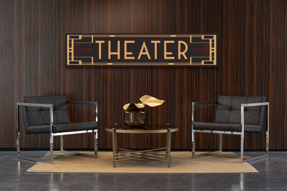 Ornate Art Deco cinema entrance sign that turns a home theater or man cave into a proper golden-age picture palace.