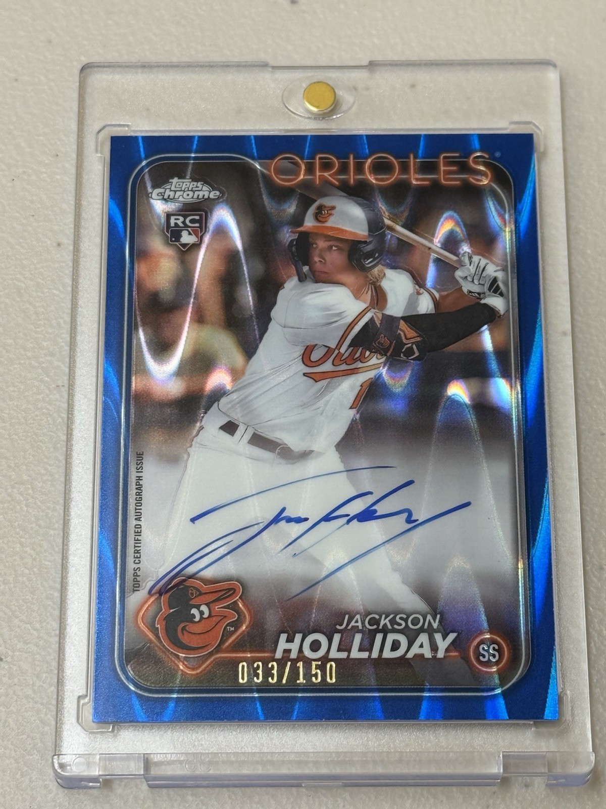 2024 Topps Chrome Rookie Auto Jackson Holliday #RA-JH Blue RayWave /150 (AU, RC)