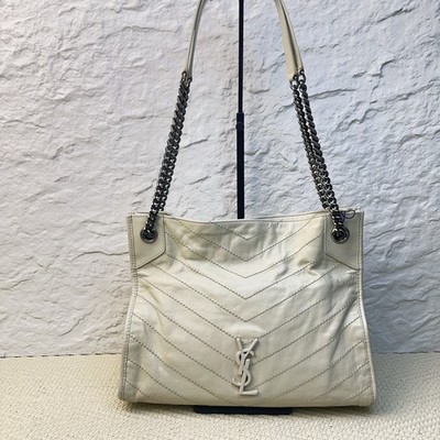 YSL Niki Shopping Medium White Cowhide Leather Daily Shoulder Tote US Ship