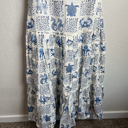 Maxi abito Agua by Agua Bendita Lima in lino stampato a strati blu bianco grande L - Foto 9 di 20