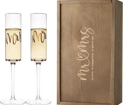 Mr & Mrs Champagne Flutes with Wooden Keepsake Box Wedding Toasting Glass SetNEW