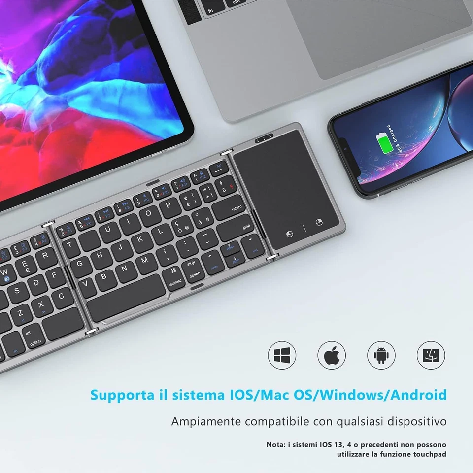 Tastiera Bluetooth Pieghevole con Touchpad Layout IT per iPad Tablet PC Android - Immagine 2 di 4