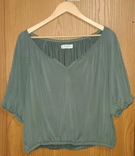 Lucky Brand Vneck Puffed Sleeves Blouse Womens Size XL Sage Green Elastic Waist