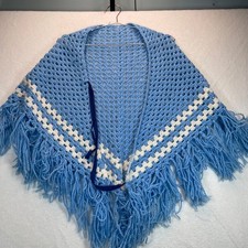 Crochet Shawl Women Blue White Fringe Boho Granny Stitch Cottagecore Handmade