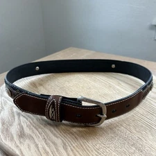 Nocona Western Ranger Belt Size 28 Brown Black Silver Tone Buckle Leather Rodeo