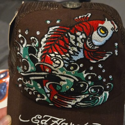 Ed Hardy Brown Trucker Hat Fish Embroidery Adjustable Mesh Back One Size Men's
