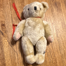 Beige Plush Teddy Bear Stuffed Animal w/ Red Ribbon, Black Eyes vintage