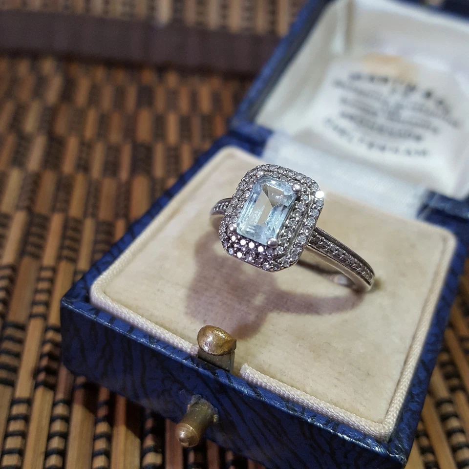 925 Sterling Silver Ring, Genuine Aquamarine And Diamonds, Size K US 5.25  - Image 2 of 4