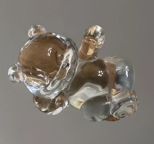 Vintage Fenton Clear Solid Glass Figurine Paperweight Reclining Waving Bear