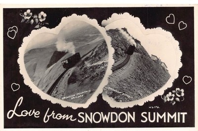 B308 Wales Love from Snowdon Summit Mountain Railway Steam Train RPPC postcard