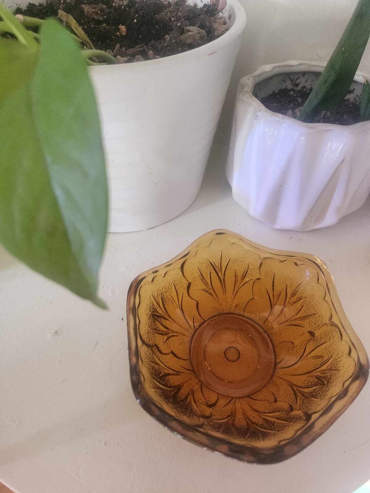 Vintage Indiana Glass Amber Pebble Leaf  Fairy Lamp Candle Holder