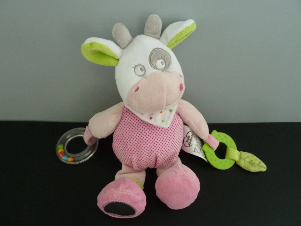 *. DOUDOU PELUCHE MOTS D'ENFANTS VACHE ROSE VERT BLANC ANNEAU BILLES NEUF* - Photo 2/3