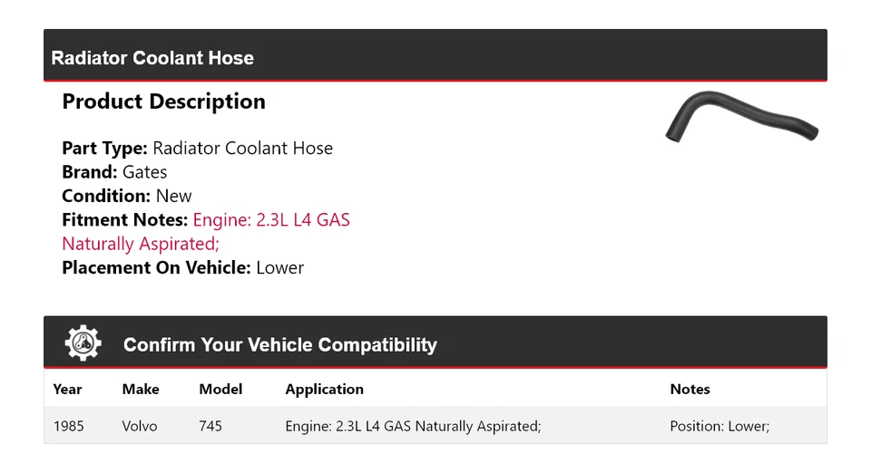 Manguera de refrigerante de radiador puertas inferiores para Volvo 745 1985 Foto 2 de 4