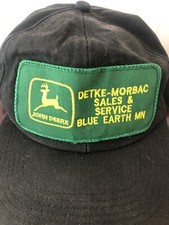 Rare Vtg Black John Deere SnapBack Trucker Hat Cap Made In USA Blue Earth MN