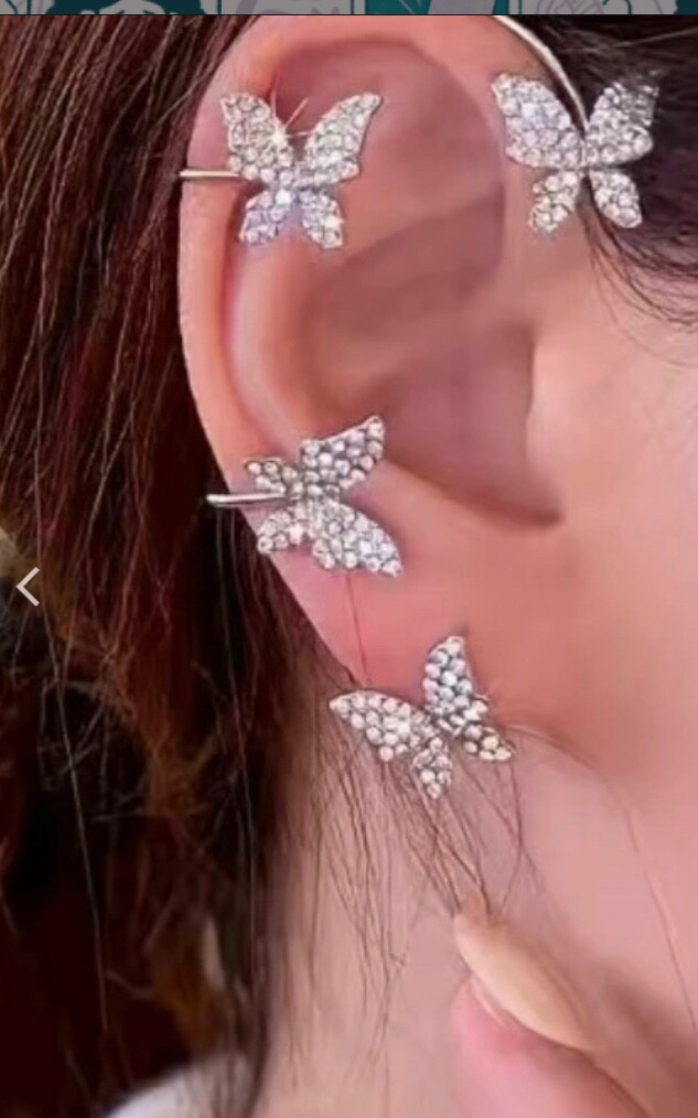 Silver. Rhinestone Butterfly Ear Cuff Earrings Non Piercing Cuffs Clip
