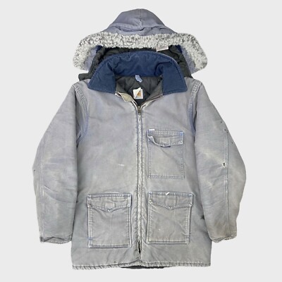 Vintage Carhartt Insulated Parka Work Jacket Blue Faded Fur Hood Size LT 