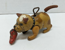 Rare Vintage Mid-Century Japan Wind-up Bull Dog Tin Toy Wagging Tail Works Nice