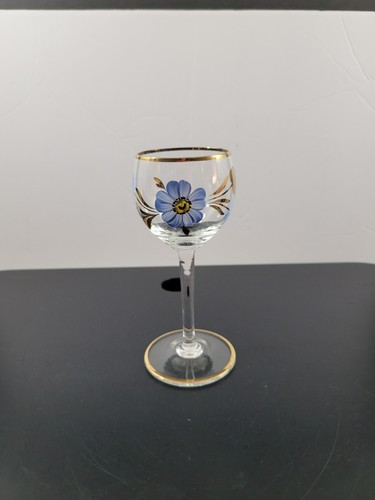 Vintage Clear Stem Cordial Glass Hand Painted Blue Floral Gold Trim 5 1/2" - Picture 3 of 11