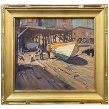 Emile Albert Gruppe Marine Oil Painting, Repairing Boat