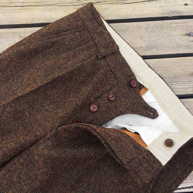 British Retro Brown Tweed Double Pleated Trousers Vintage Wool
