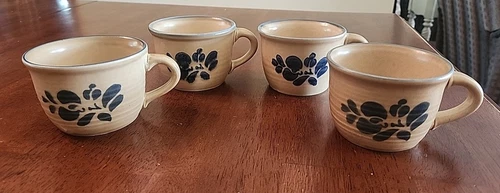 Pfaltzgraff Folk Art Tan Blue Coffee Tea Cup Mug Set Of 4 Mismatch Backstamp