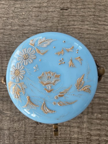 Antique Opaline Blue Glass French Blue Glass Jewelry box Brass - Picture 6 of 10